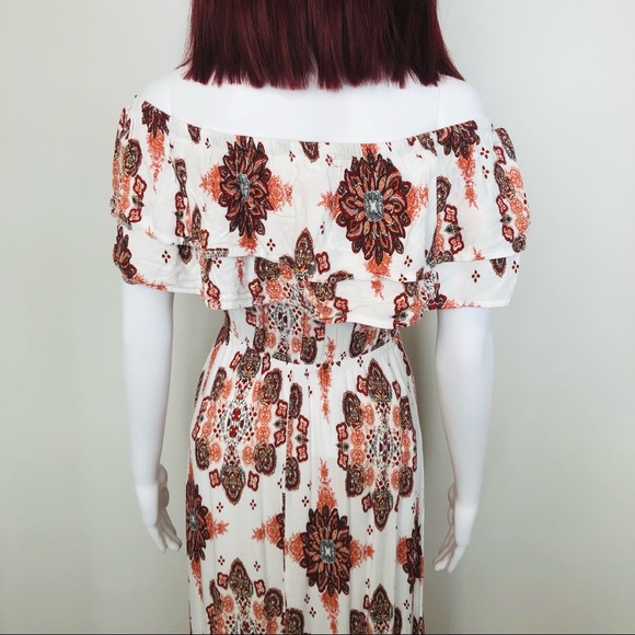 Beautiful Boho Printed Off Shoulder Maxi Dress with Flounced Ruffle Hem 6 - Picture 8 of 10
